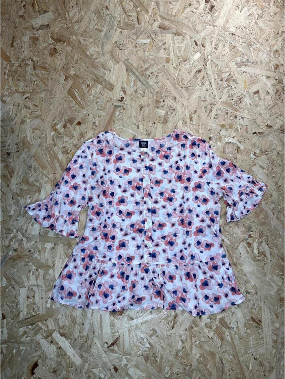 Route 66 Floral Peplum Blouse Womens Large Pink Blue Button Up Ruffle Sleeve Top